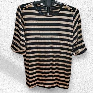 BonWorth Woman's Striped Tee - Black and Gold Elbow Length Sleeves